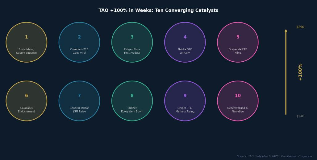 Diagram titled 'TAO +100% in Weeks: Ten Converging Catalysts' showing ten numbered circles: (1) Post-Halving Supply Squeeze; (2) Covenant-72B Goes Viral; (3) Ridges Ships First Product; (4) Nvidia GTC AI Rally; (5) Grayscale ETF Filing; (6) Calacanis Endorsement; (7) General Tensor $5M Raise; (8) Subnet Ecosystem Boom; (9) Crypto + AI Markets Rising; (10) Decentralised AI Narrative. Price range $140 to $290, +100%.