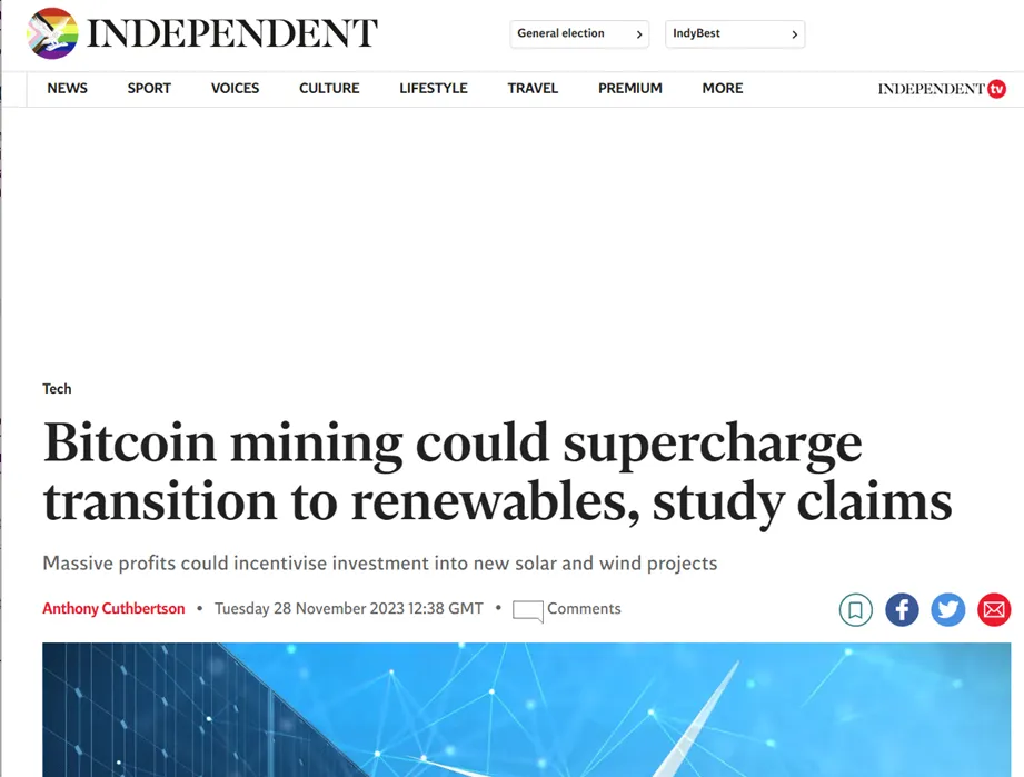 Independent: Bitcoin mining could supercharge transition to renewables