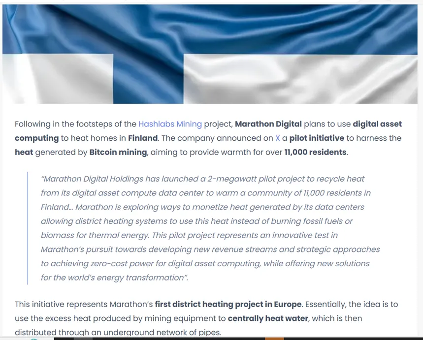 Marathon Digital district heating project in Finland